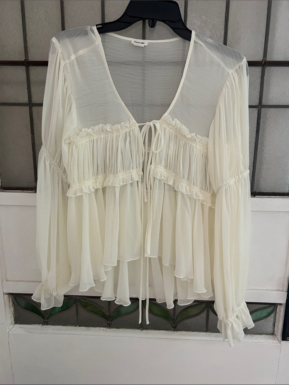 Kimchi Blue Flowy Ruffle Tie-Front cardigan- Cream